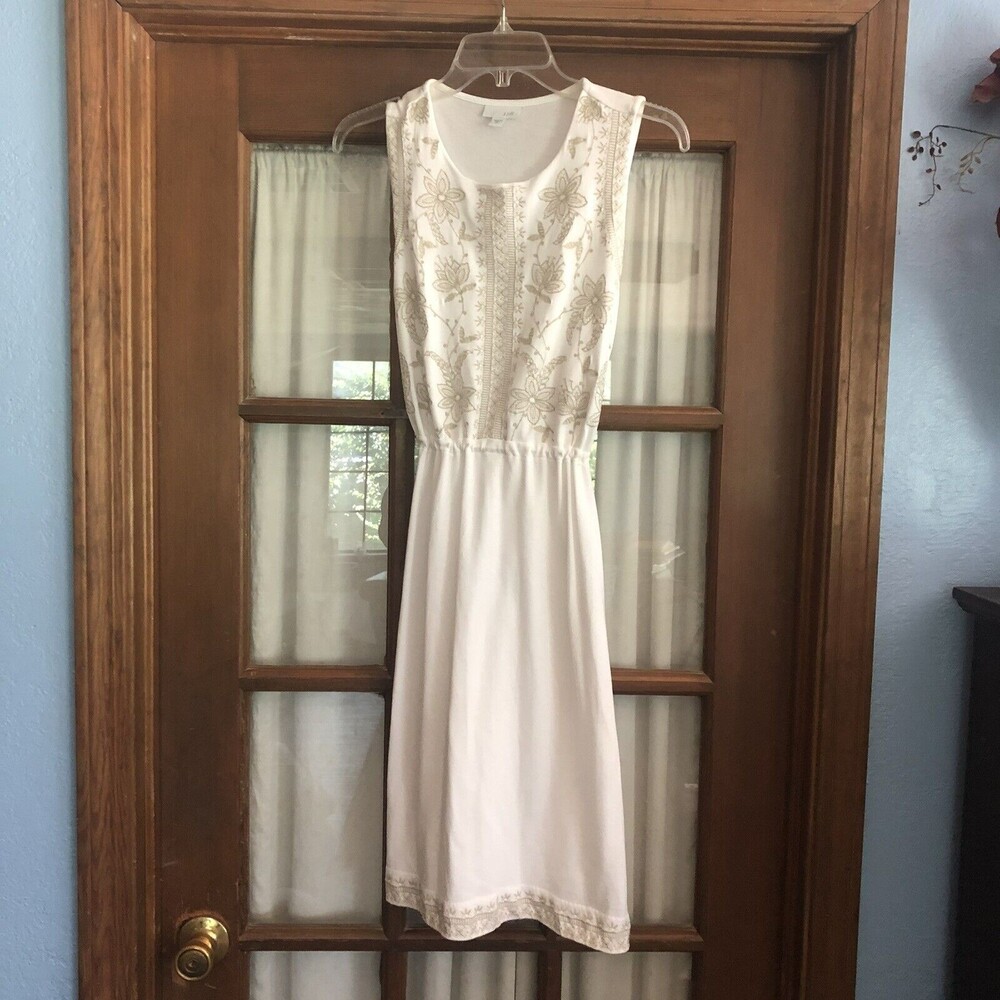 J. Jill White Sleeveless Midi Dress, Gold Embroidery, Drawstring Waist Size XS